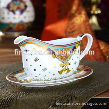 430CC Luxury Fine Hyper White Porcelain Gravy Boat with Saucer of Summer of Persia
